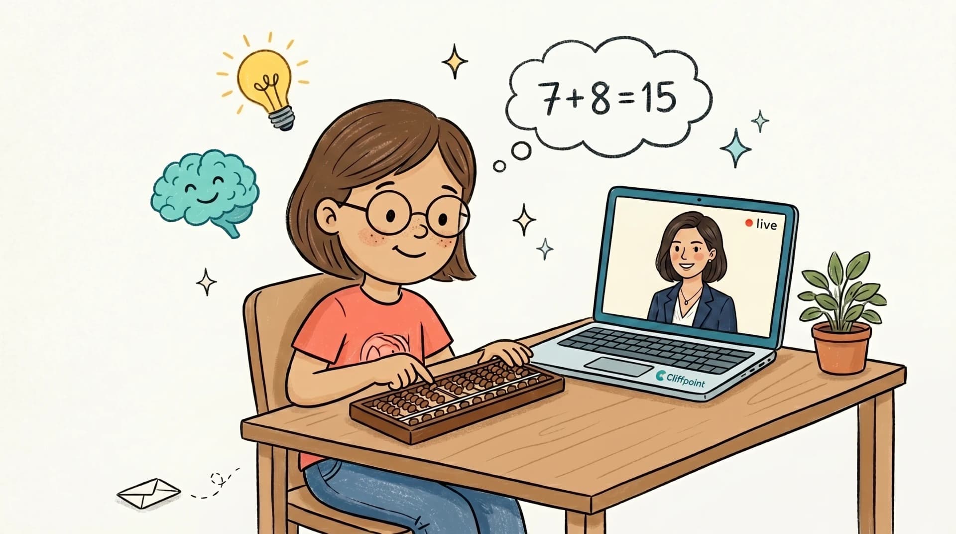 Cartoon girl with glasses practicing on a wooden abacus while a female instructor teaches via laptop video call
