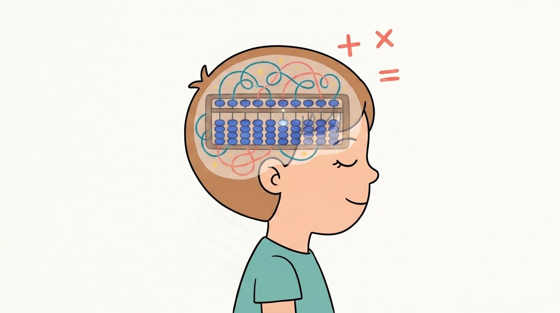 Cartoon illustration of a child visualising a translucent abacus inside their head with neural pathways glowing, depicting the mental abacus or anzan