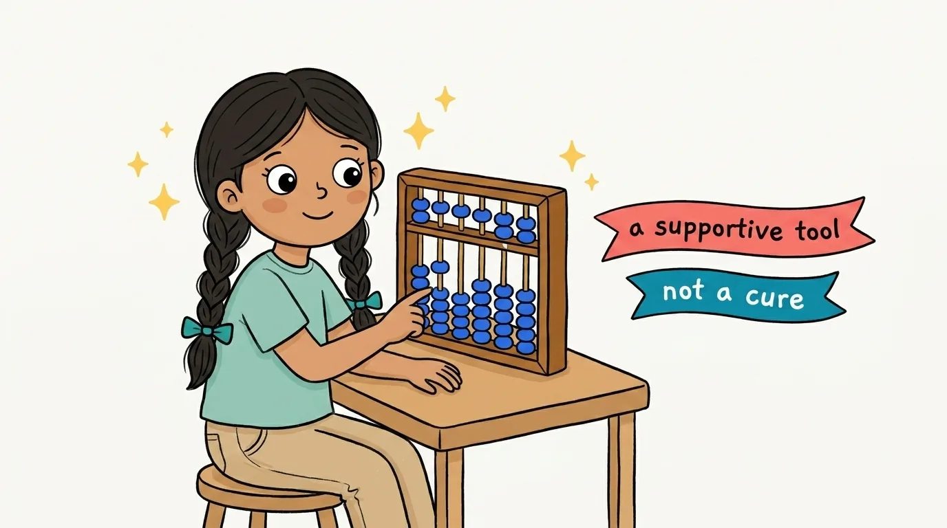 A cartoon girl using an abacus at a desk with banners reading a supportive tool and not a cure
