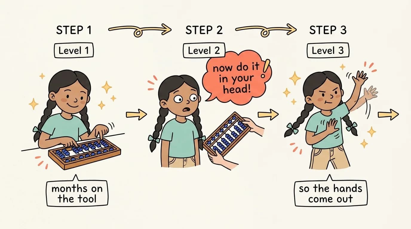 Three step timeline showing months on the physical abacus, then suddenly being asked to calculate mentally, so the child waves their hands as a crutch