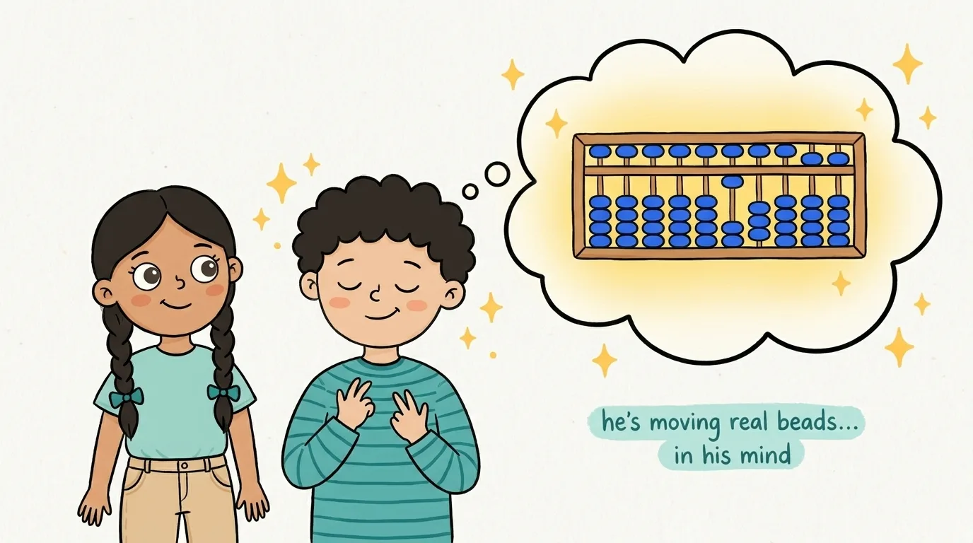 Cartoon boy waving his hands mid-air while a thought bubble above him shows the soroban beads he is moving in his mind
