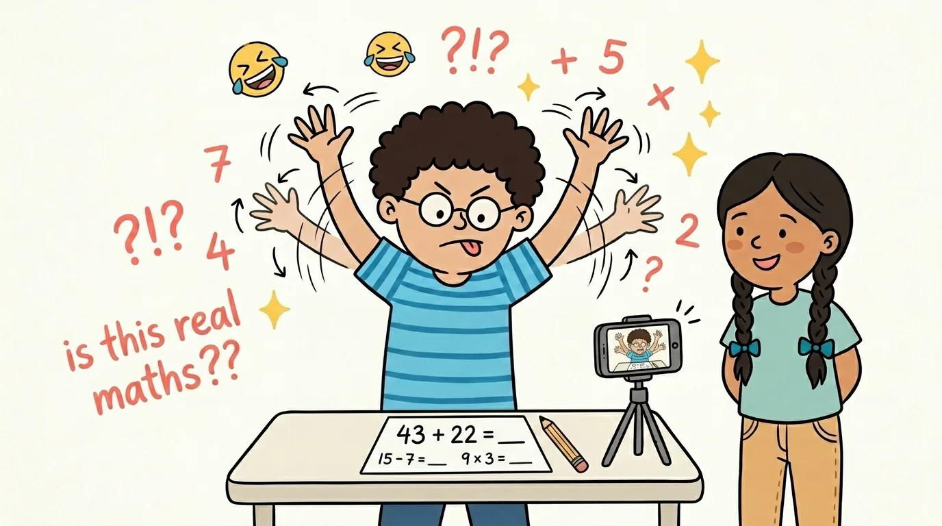 A cartoon boy working out a written sum in his head with animated hand movements while a phone films him