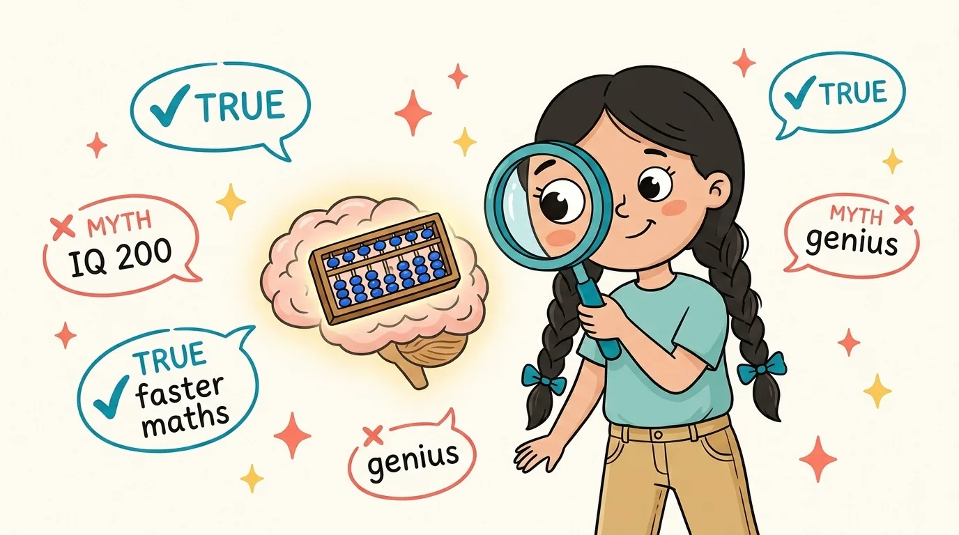 A cartoon girl with a magnifying glass examining a glowing brain, sorting true abacus benefits from myths