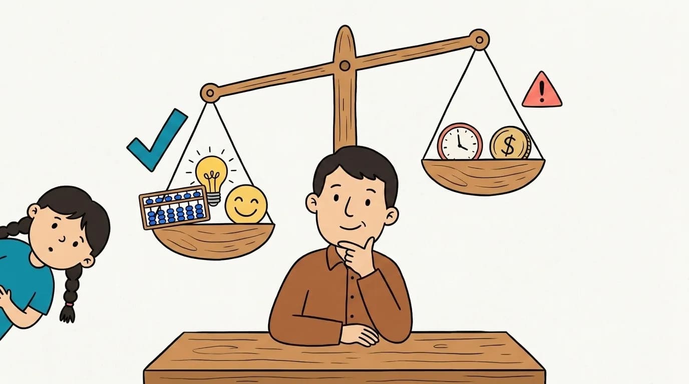A cartoon parent weighing a balance scale of abacus pros and cons while the mascot girl looks on
