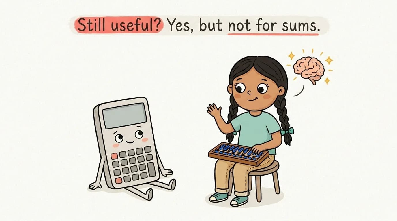 A cartoon calculator character beside a girl doing mental maths on an abacus, captioned still useful yes but not for sums