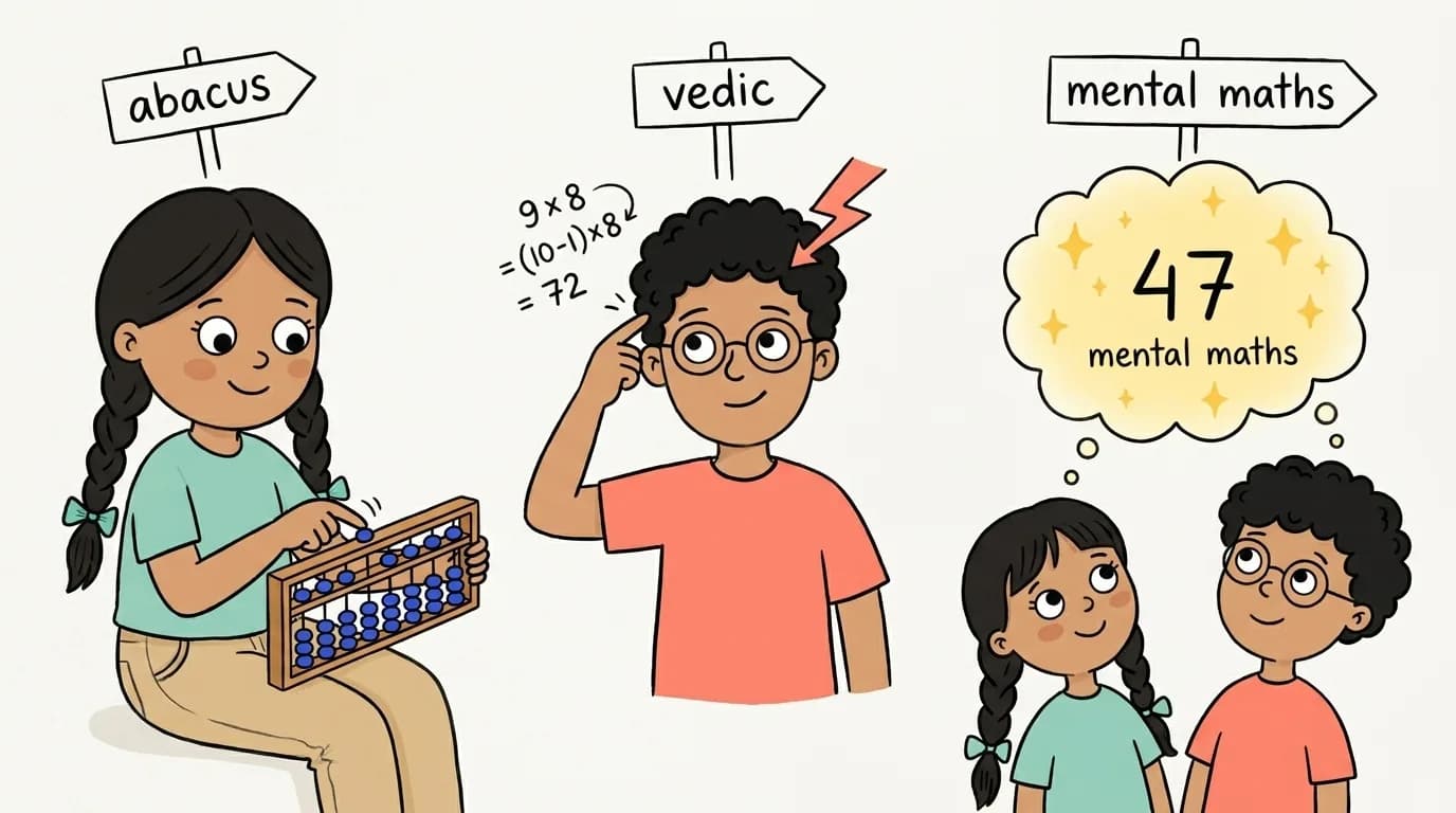 Three signposts for abacus, Vedic maths, and mental maths with children using each method