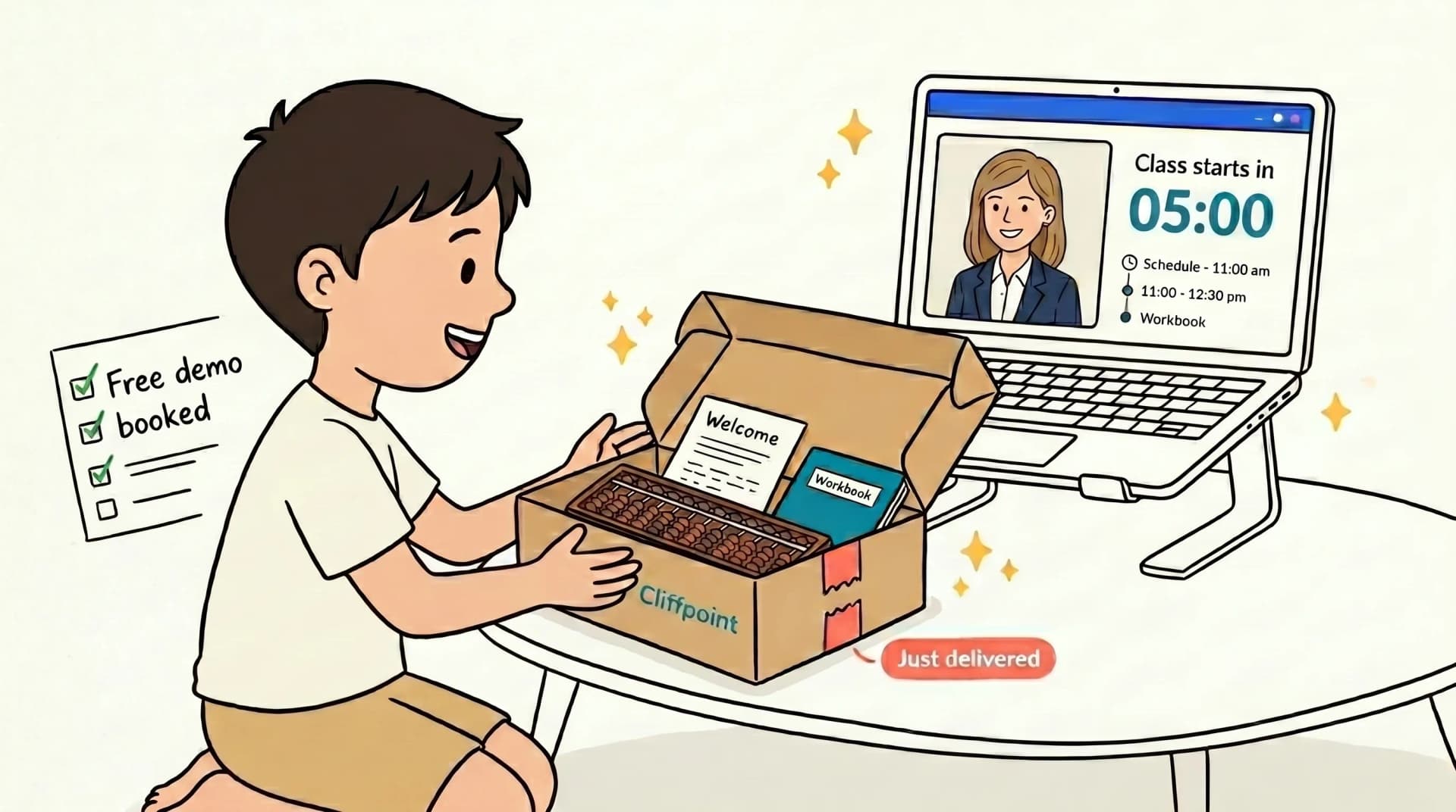 Cartoon child unboxing the Cliffpoint Abacus delivery kit with the female instructor visible on the laptop welcome screen