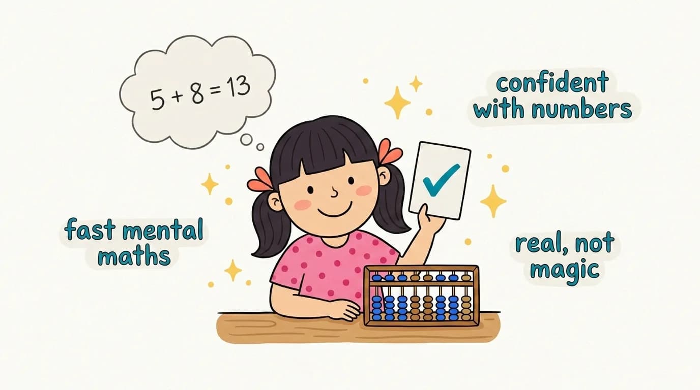 A calm, confident child beside an abacus with labels reading fast mental maths, confident with numbers, and real not magic