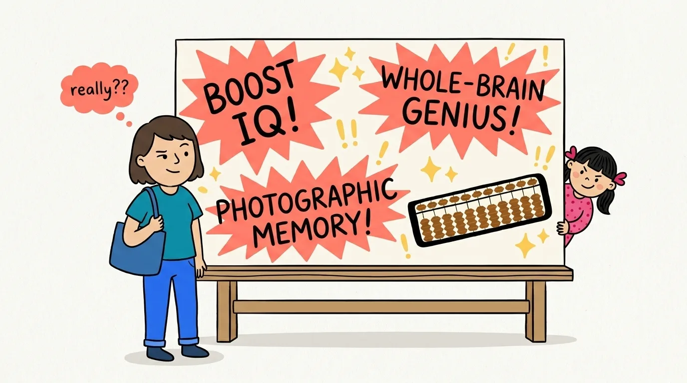 A cartoon billboard shouting exaggerated abacus claims while a sceptical parent looks on