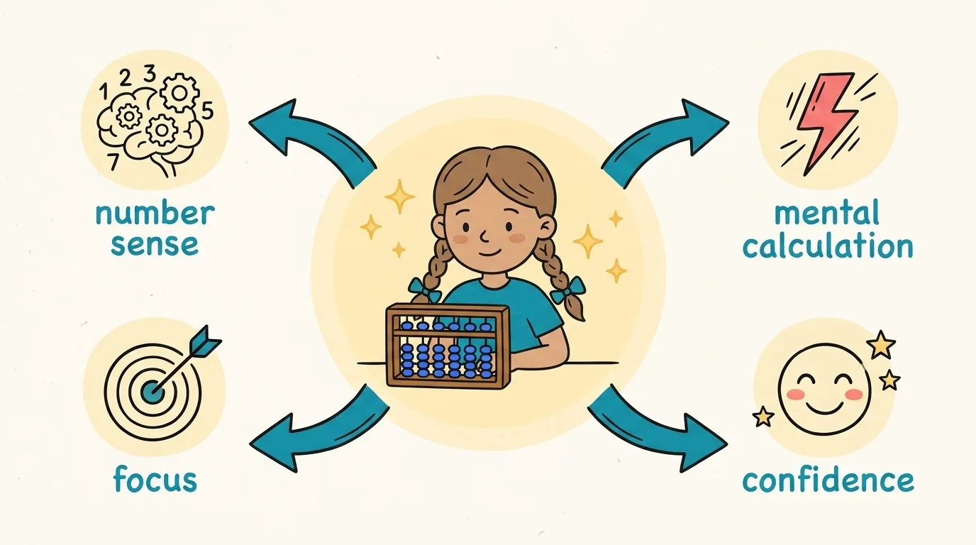 Diagram of the abacus at the centre with four foundations fanning out: number sense, mental calculation, focus, and confidence