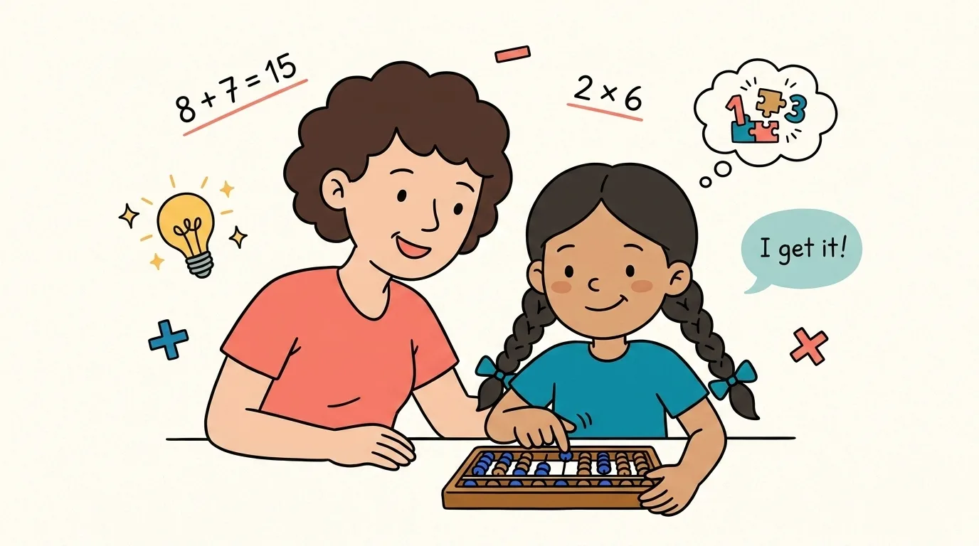 A cartoon parent and child doing maths together on a soroban, with the child saying I get it