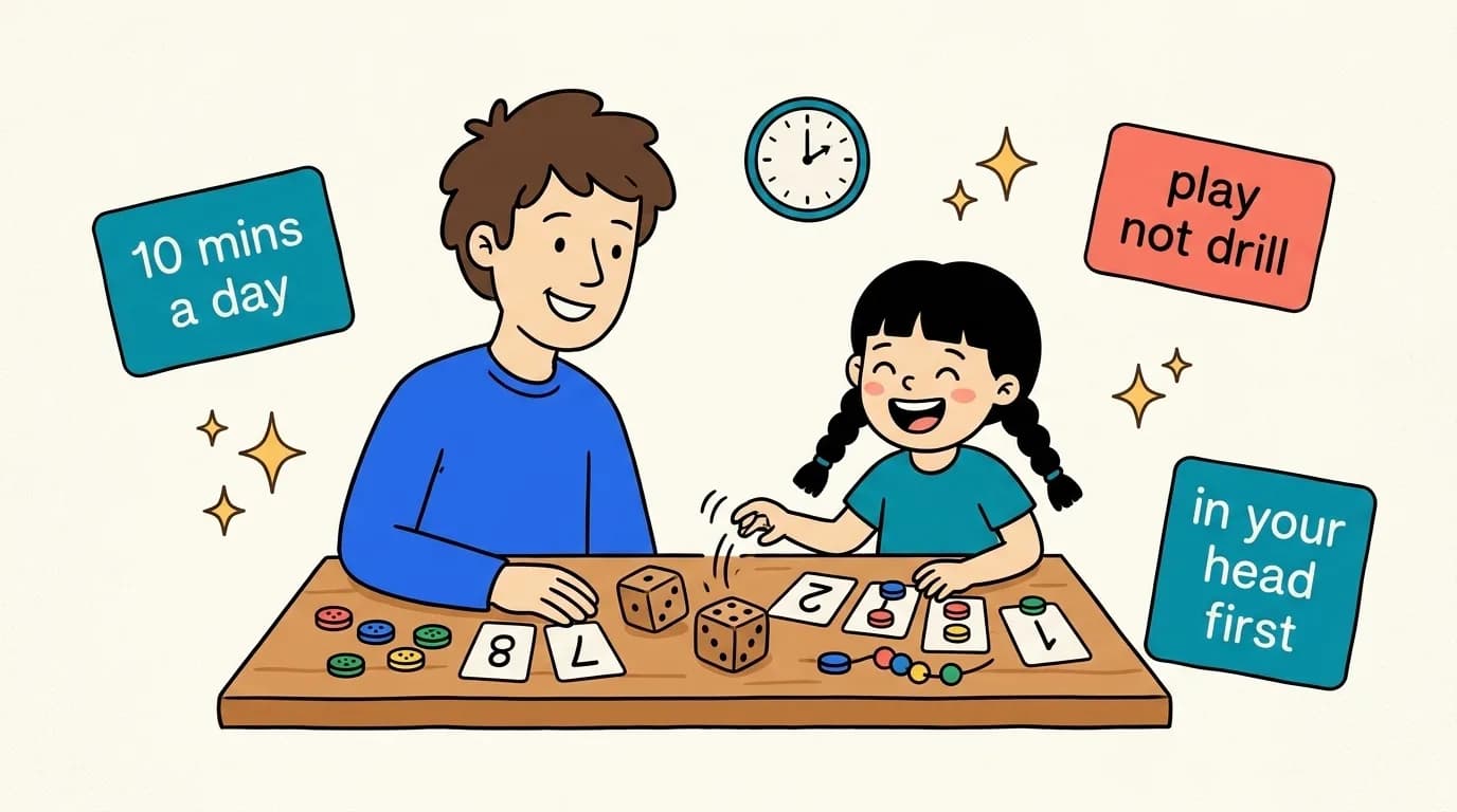 A cartoon parent and child playing a number game with dice and cards at home