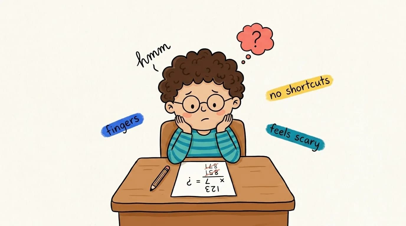 A cartoon child sitting at a desk feeling stuck on a maths worksheet with a question mark above their head