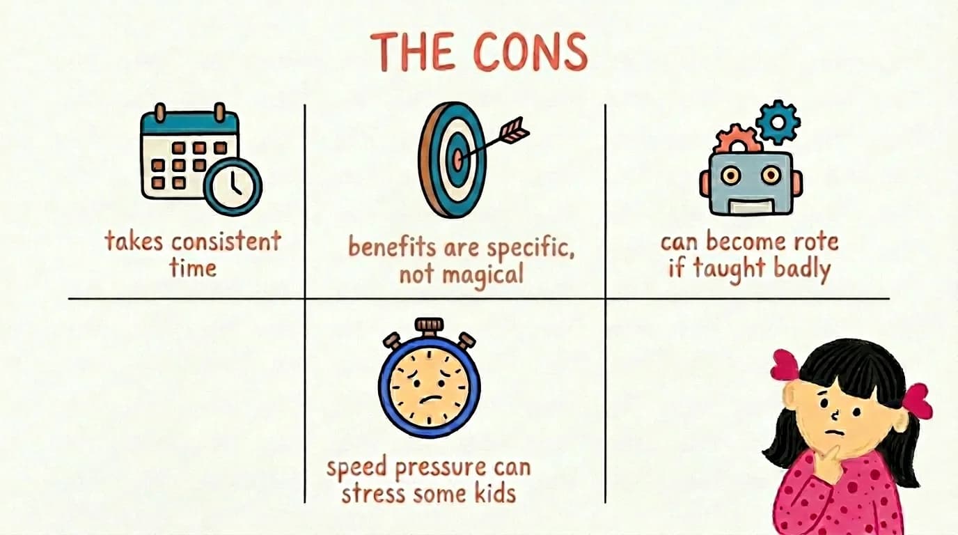 A panel of the honest abacus drawbacks: it takes consistent time, benefits are specific not magical, it can become rote if taught badly, and speed pressure can stress some kids