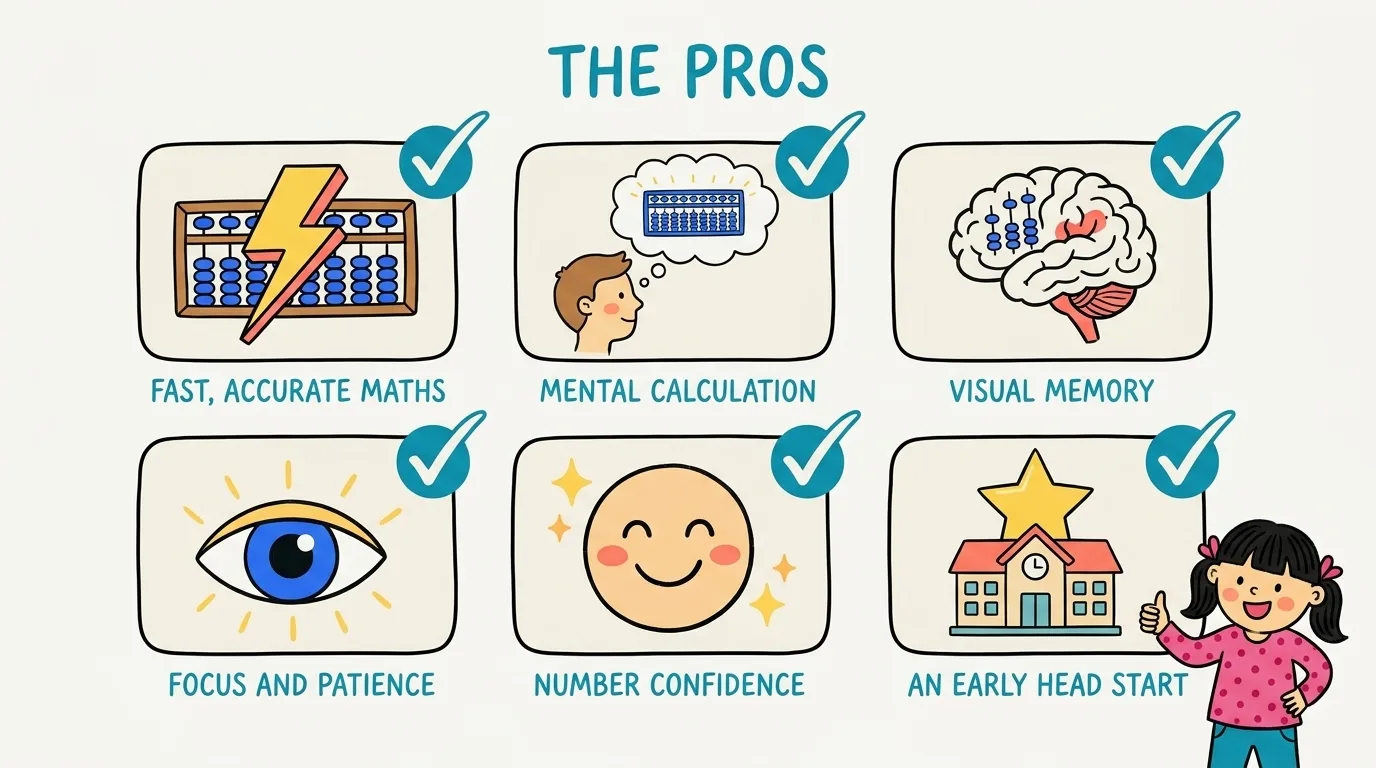 A panel of the real abacus benefits: fast arithmetic, mental calculation, visual memory, focus, number confidence, and an early head start