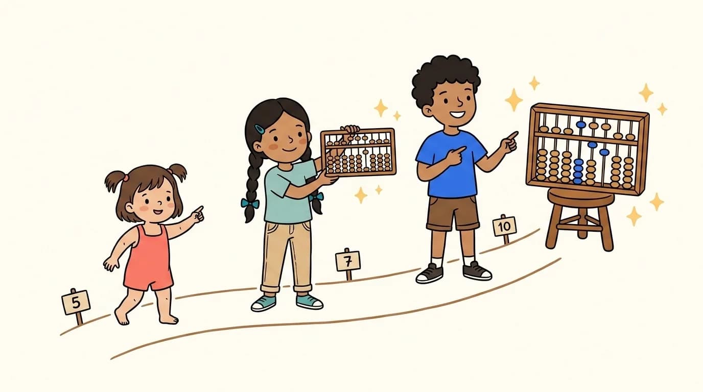 Three cartoon children of different ages on a path with age signposts, walking toward a soroban