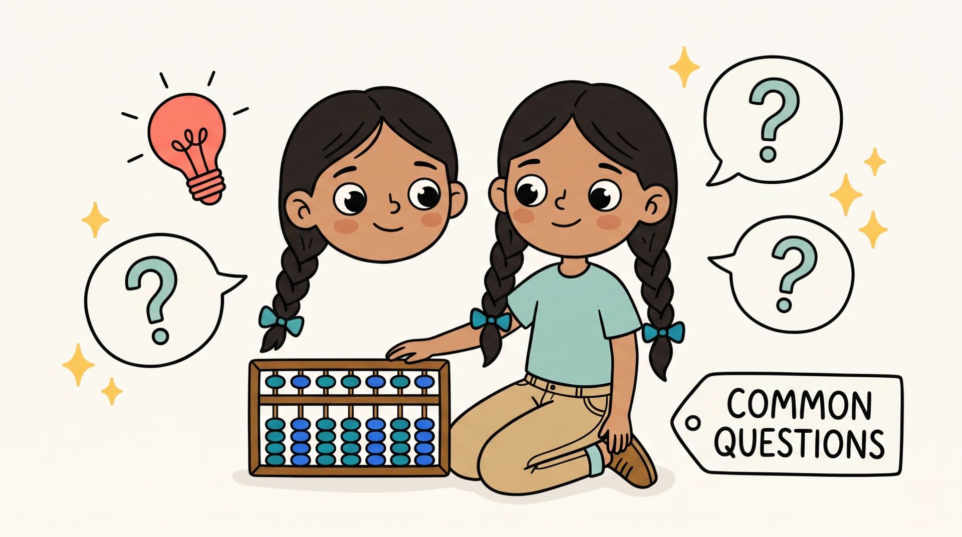 Two cartoon children with a soroban surrounded by question mark bubbles and a common questions label