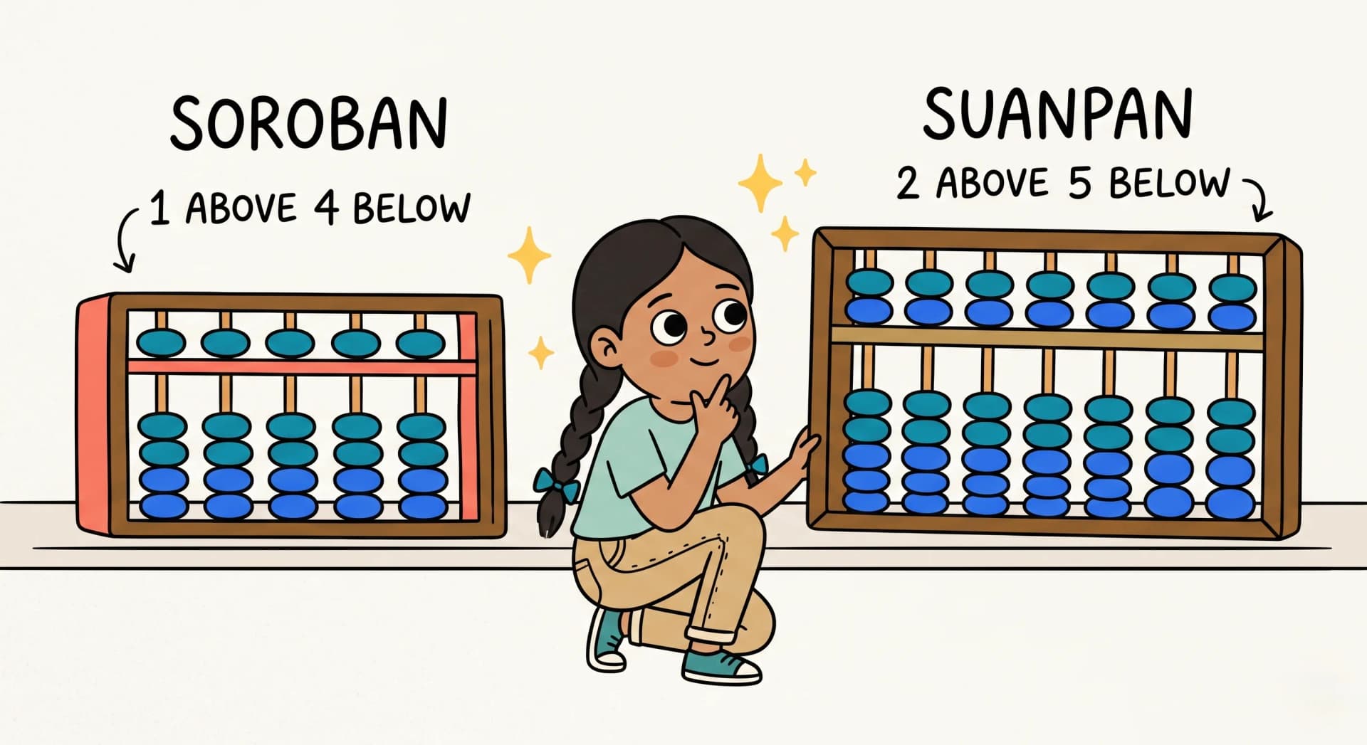 A soroban with one bead above and four below per rod beside a suanpan with two above and five below