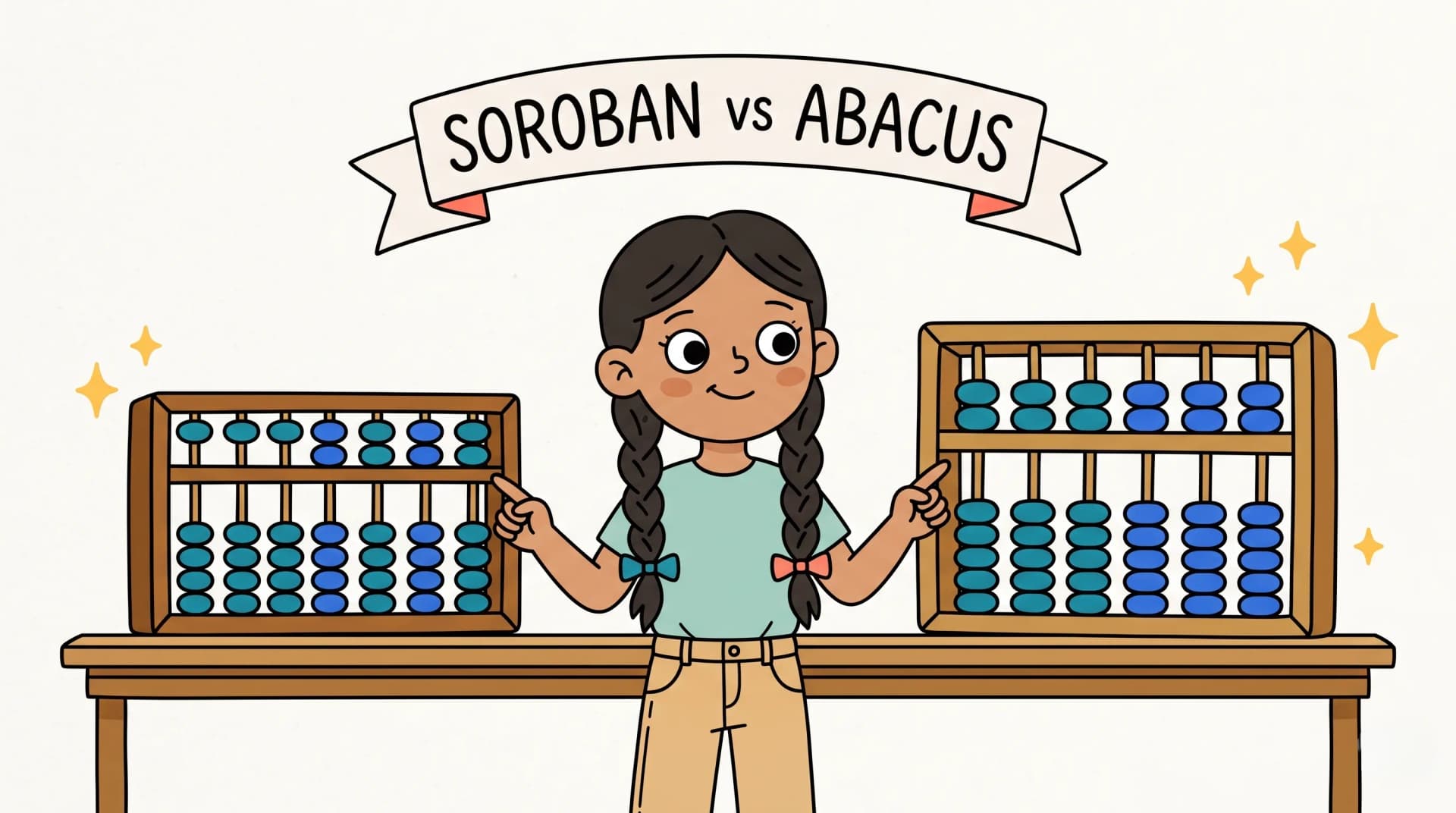The mascot girl between two abacuses, a soroban and a busier abacus, under a soroban vs abacus banner