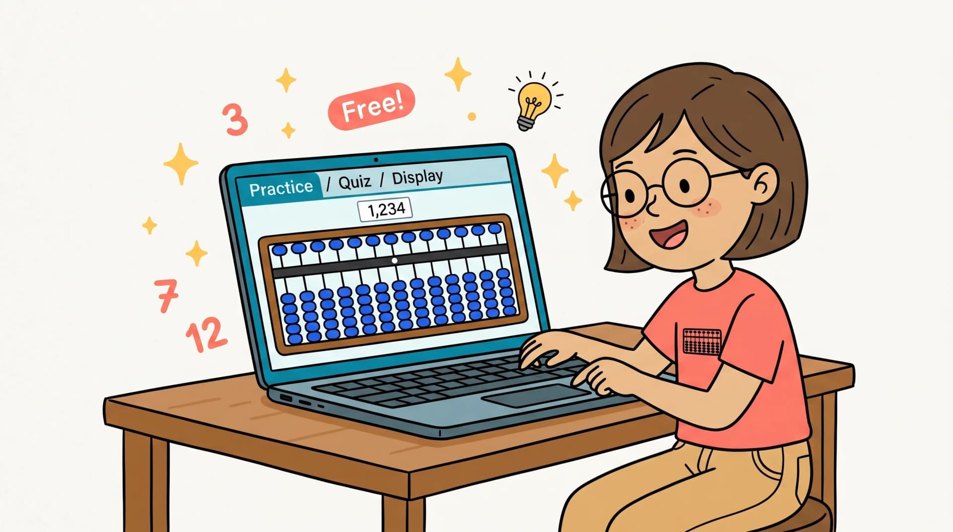 Cartoon girl with glasses tapping the virtual abacus interface on a laptop