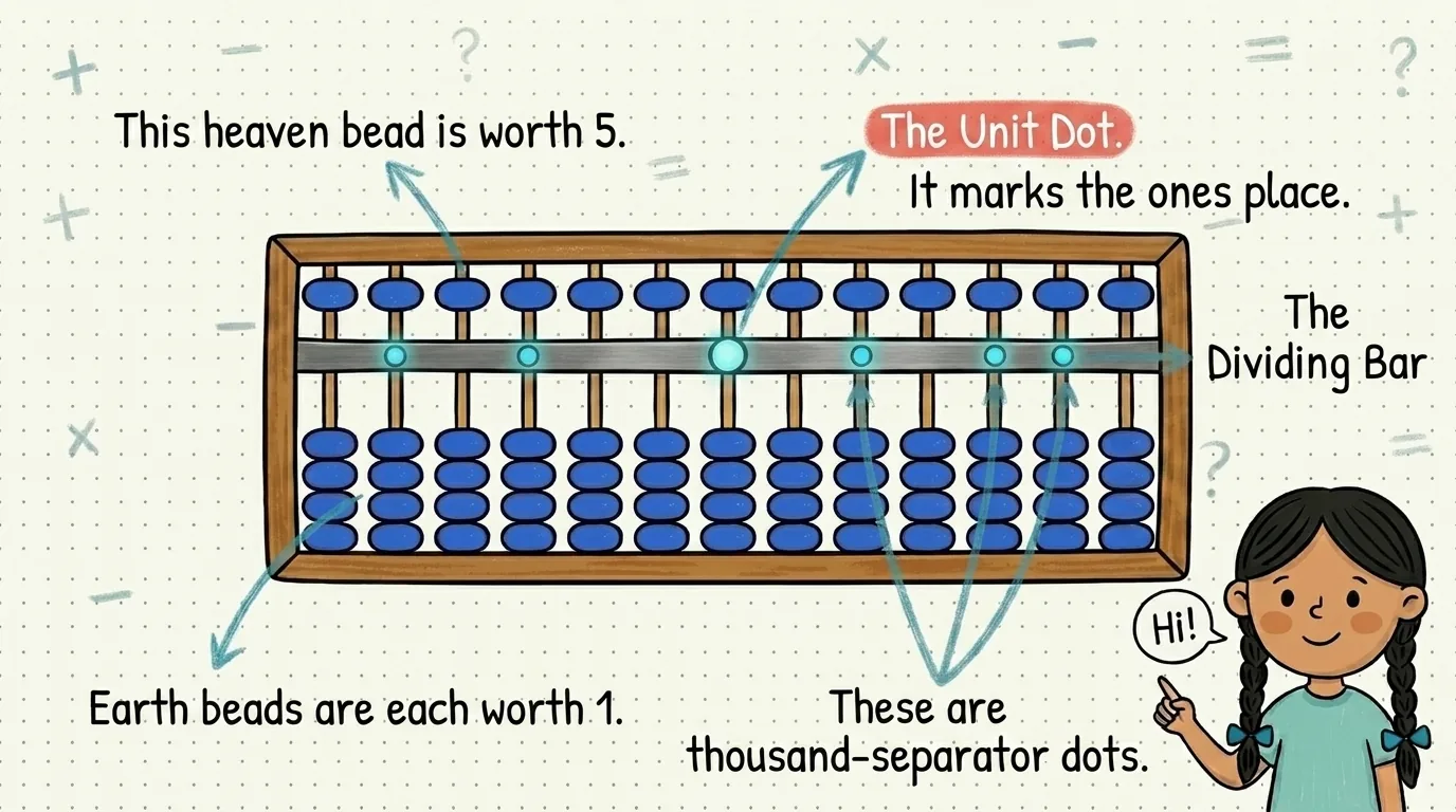 Labeled cartoon diagram of a Japanese soroban abacus showing heaven beads, earth beads, dividing bar, and unit-point dots