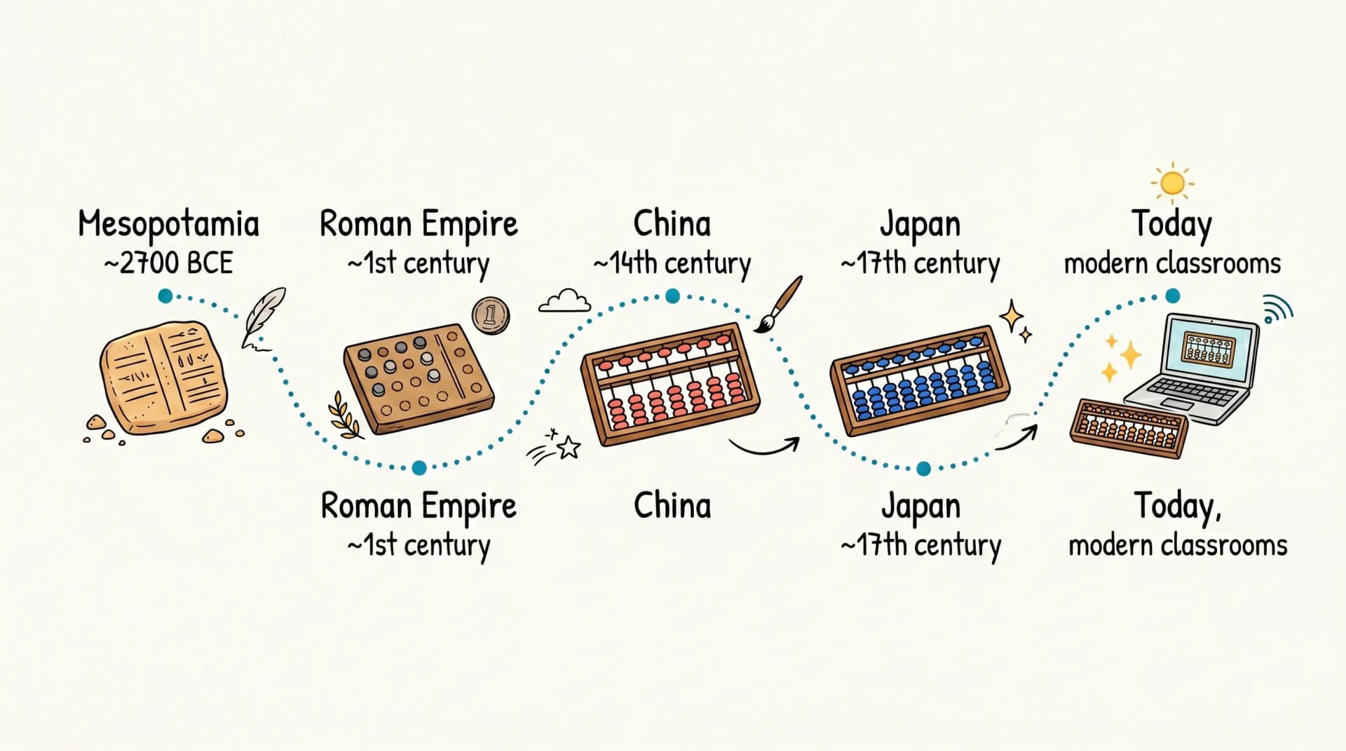 Doodle timeline of the abacus through history, showing Mesopotamian sand tablets, the Roman counter, the Chinese suanpan, the Japanese soroban, and the modern educational abacus