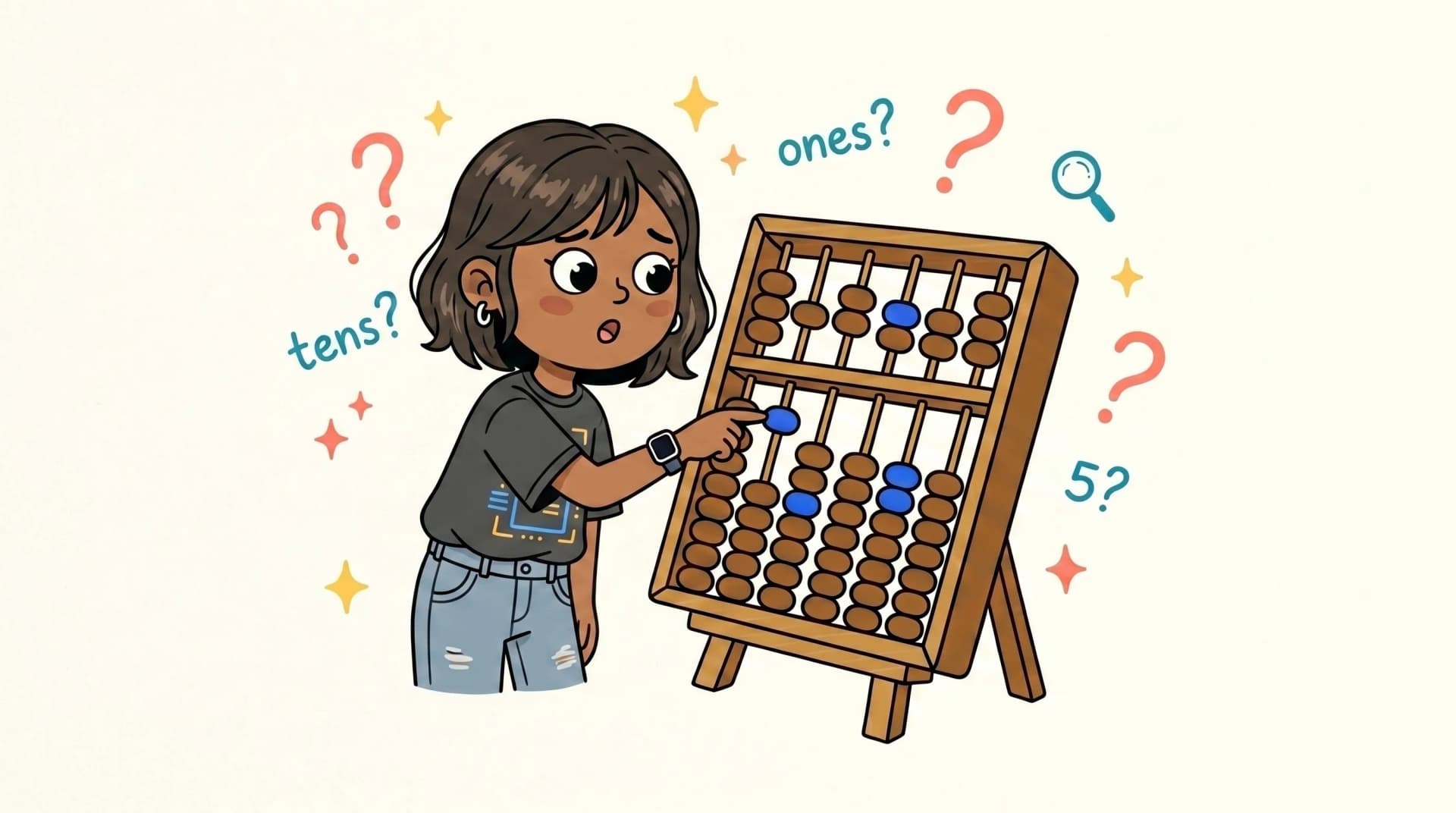 Cartoon mascot girl curiously examining a Japanese soroban while discovering its parts