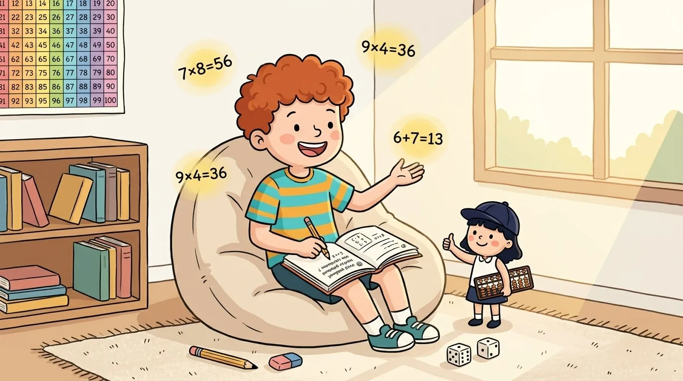 Cartoon elementary school boy solving a word problem happily while small math facts float around his head like fireflies, mascot girl giving a thumbs up