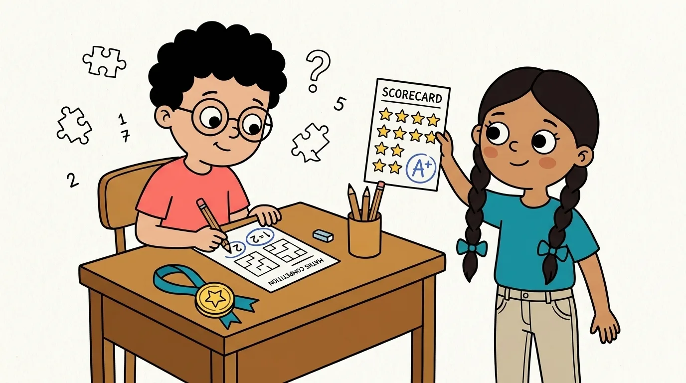 Cartoon UK primary school child solving a puzzle-style maths question on paper with a small gold medal propped on the desk, mascot girl holding up a scorecard