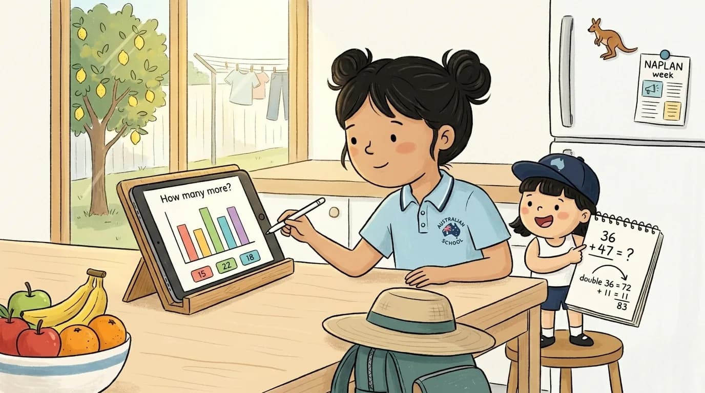 Cartoon Australian primary school child working through a numeracy question on a tablet at the kitchen table, mascot girl pointing at a mental maths trick on a notepad