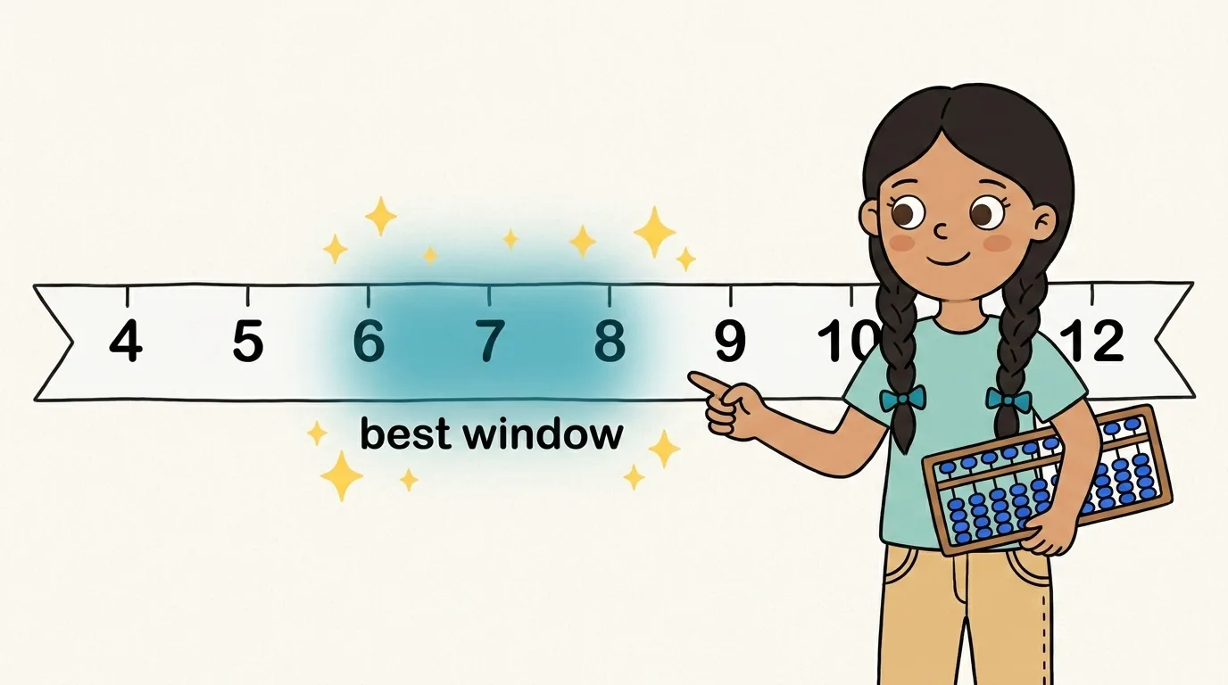 An age scale from 4 to 12 with the six to eight sweet spot highlighted and the mascot girl pointing at it