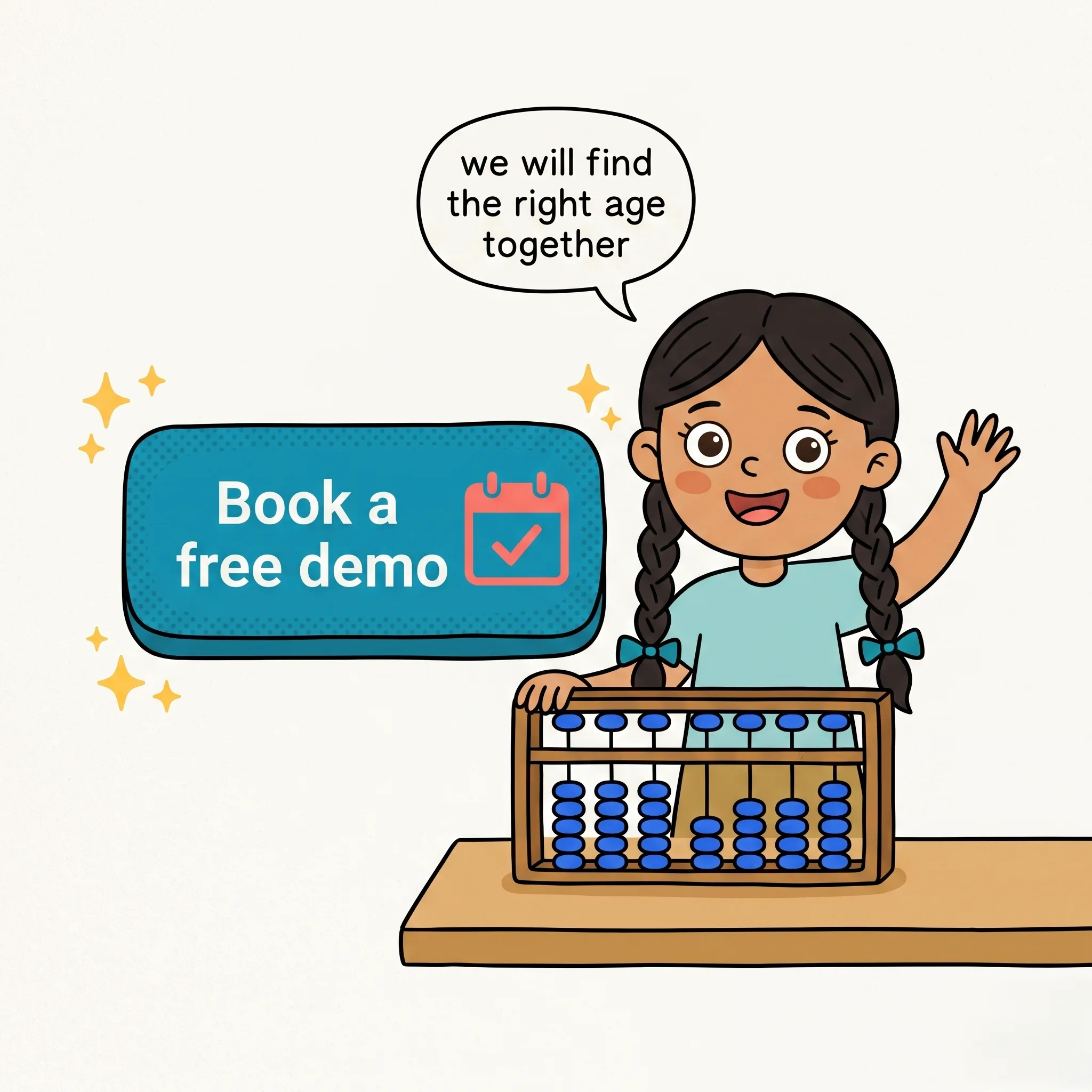 The mascot girl inviting a parent to apply for a free demo class to see how their child takes to the abacus