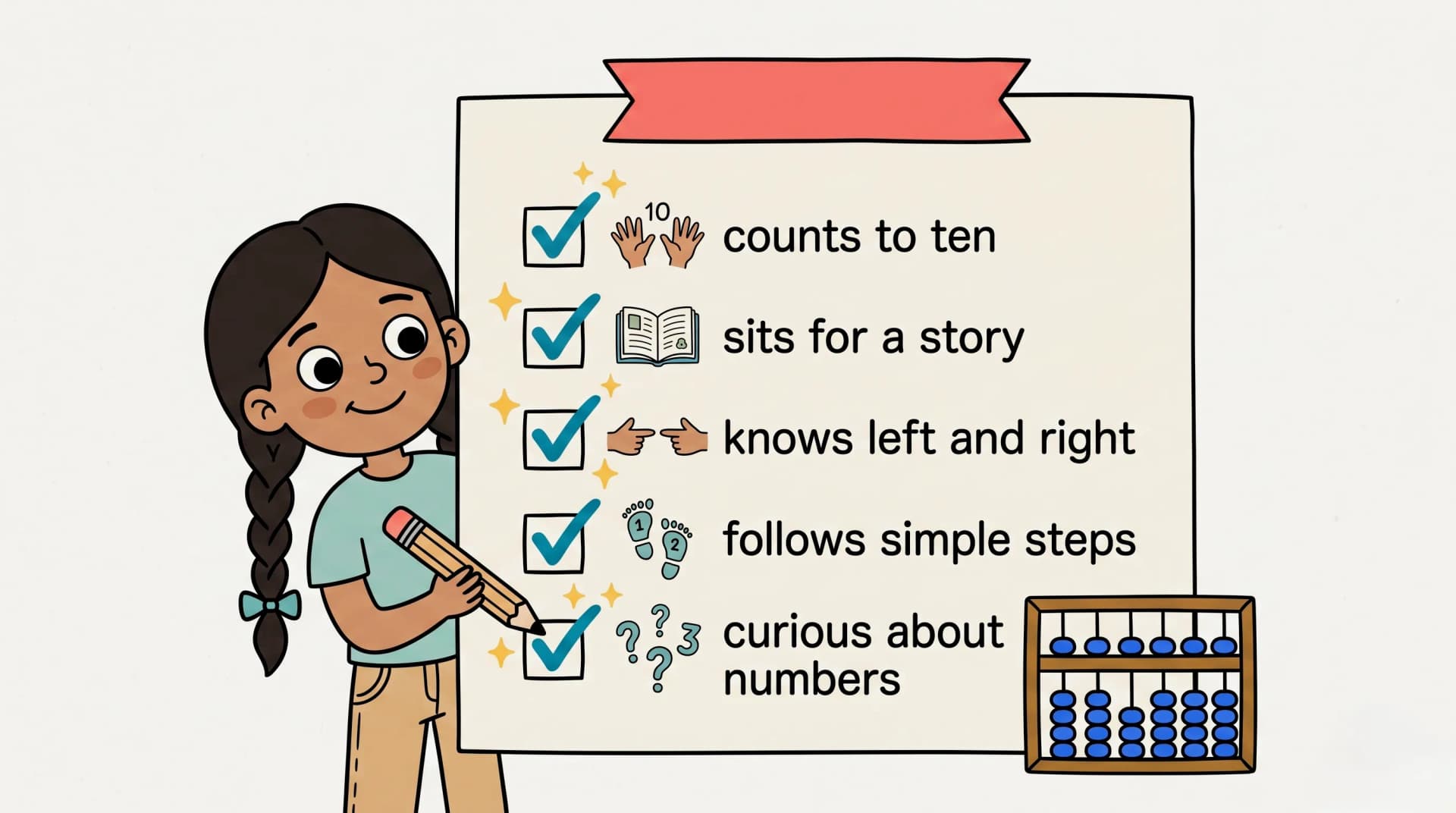 A cartoon girl ticking off a five-item checklist that reads counts to ten, sits for a story, knows left and right, follows simple steps, and curious about numbers