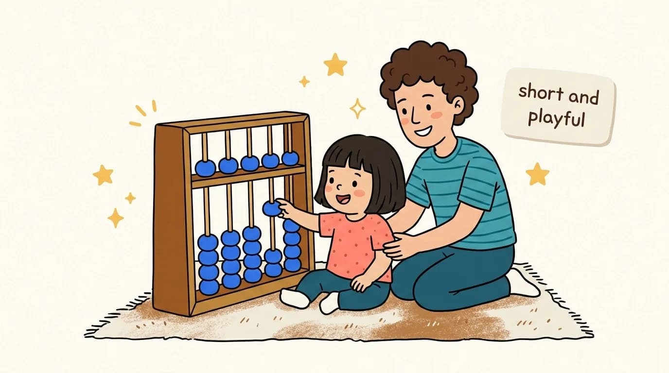 A young preschooler trying a few beads on a soroban with gentle parent support