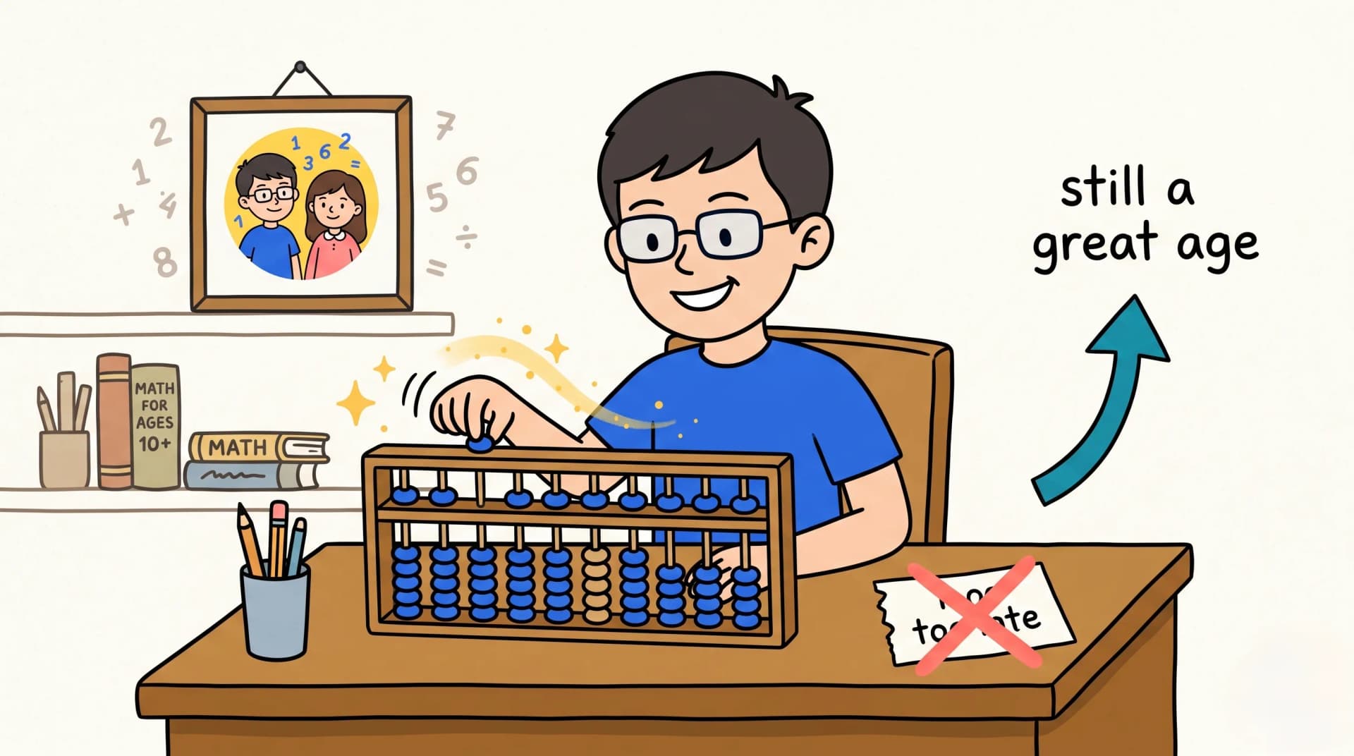 An older child happily learning the abacus, showing it is not too late at nine to twelve