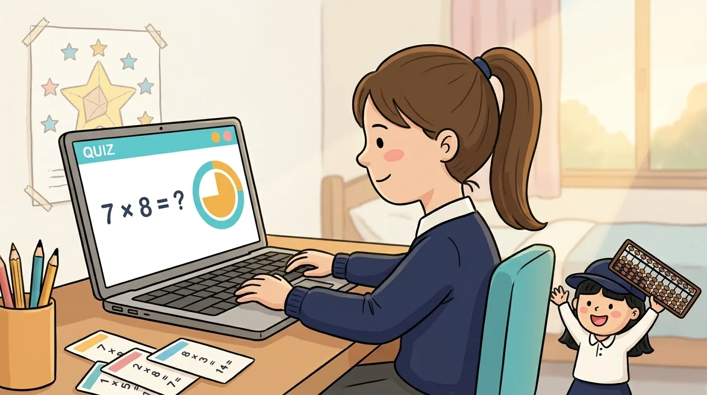 Cartoon Year 4 child calmly answering an on-screen times tables question with a six second timer, mascot cheering beside the desk