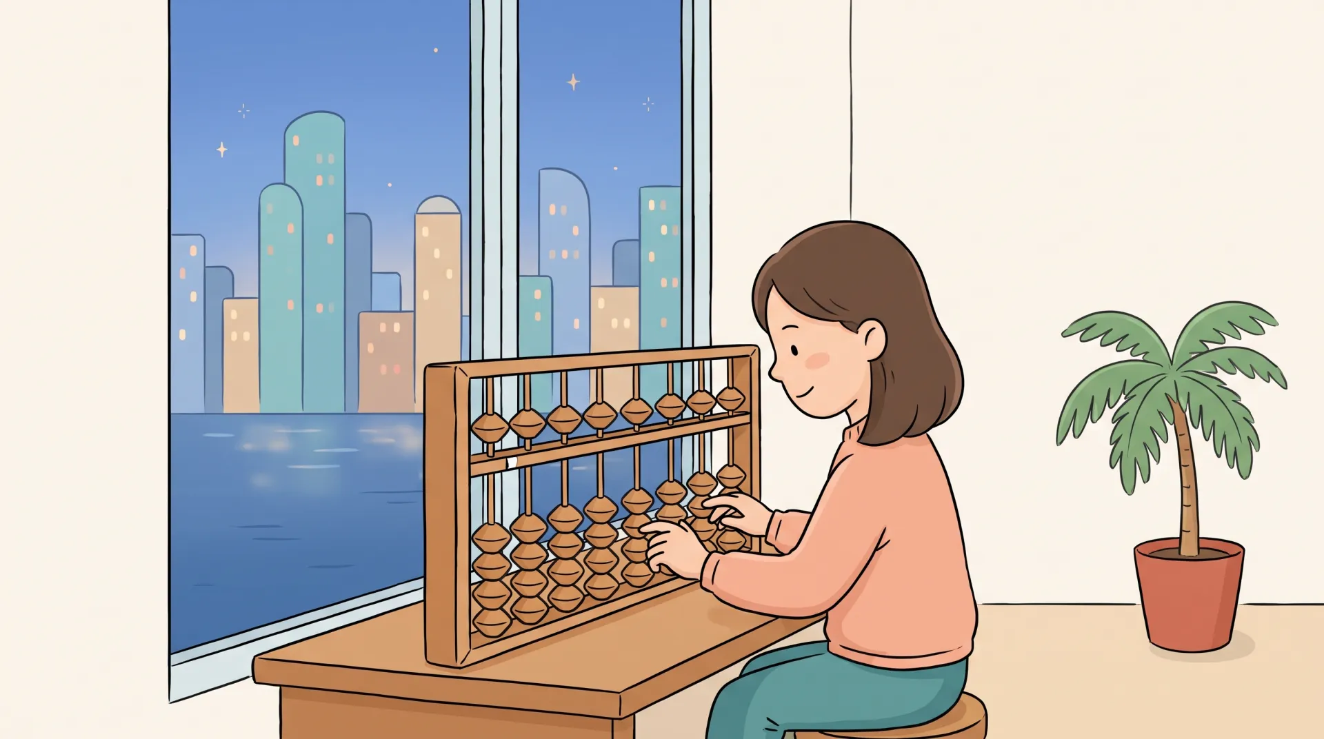 Cartoon of a girl moving beads on a soroban at a desk beside a tall apartment window, a city skyline and the sea outside