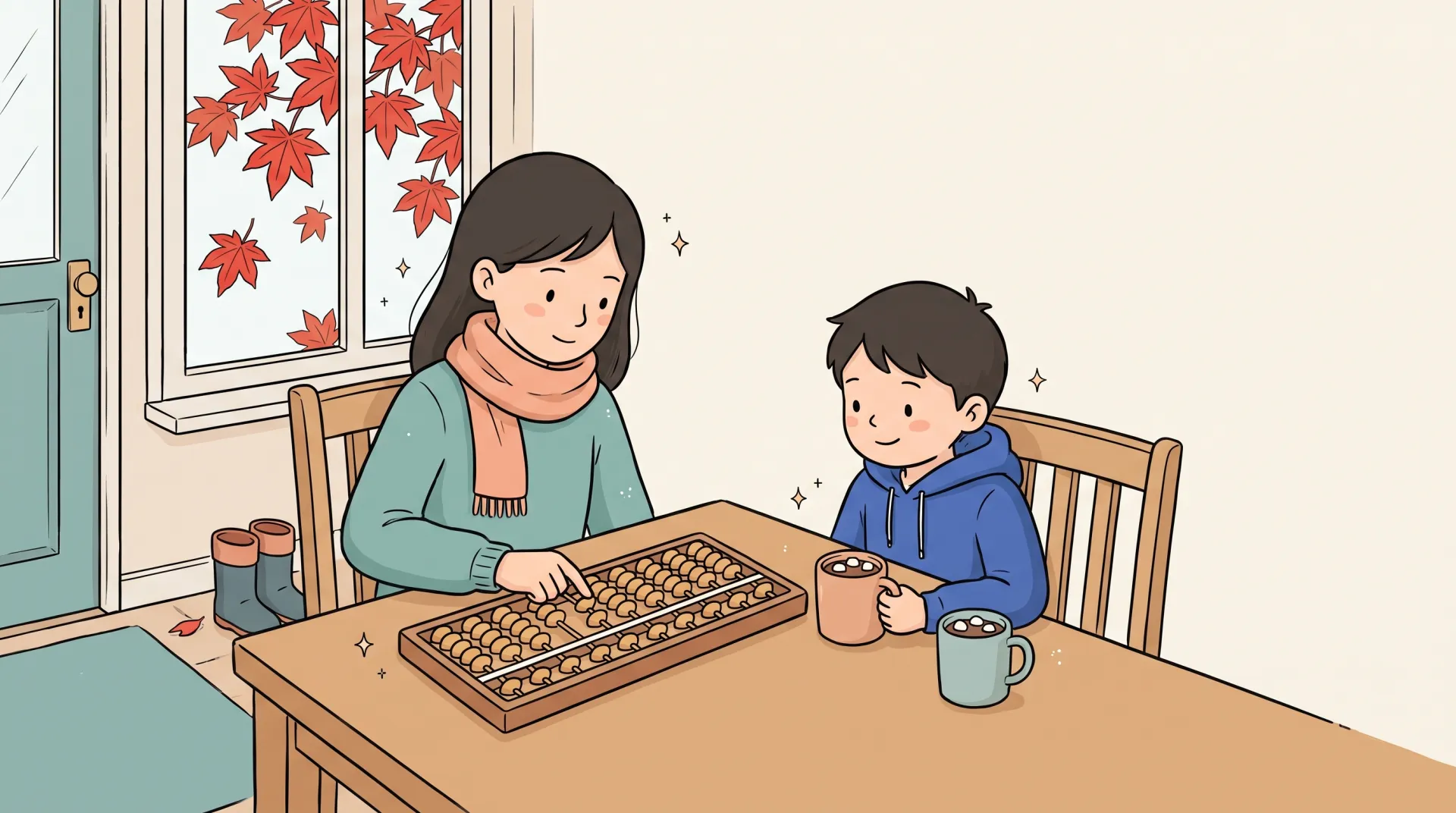 Cartoon of an older sister moving beads on a soroban while her younger brother watches with a mug of hot chocolate, red maple leaves outside the window