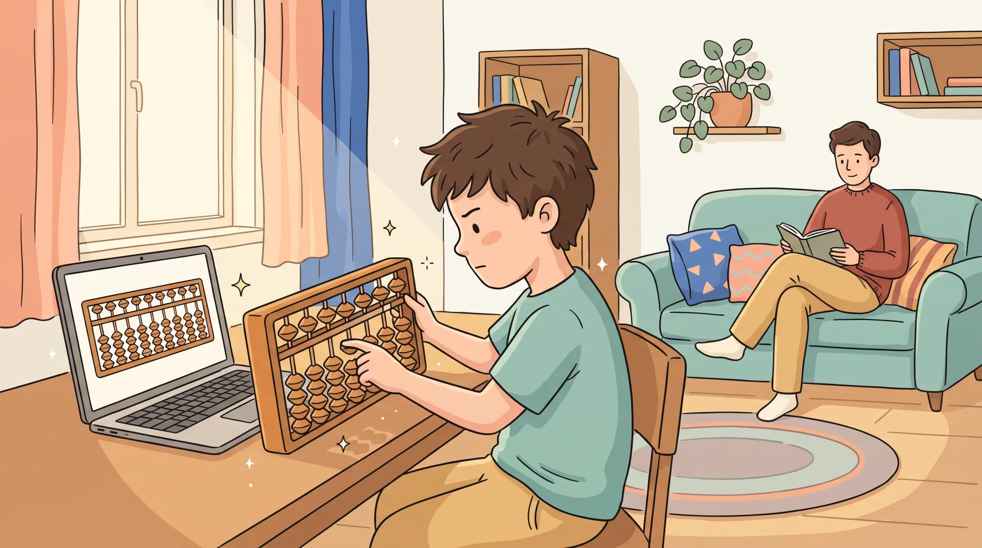 Cartoon of a boy at home moving beads on a soroban during a live online lesson, a soroban on the laptop screen and a parent reading on the sofa behind him
