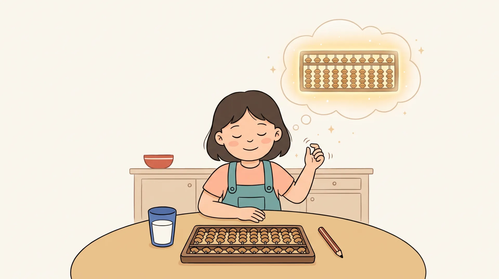 Cartoon of a girl at the kitchen table with her eyes closed, flicking her fingers in the air while a soroban sits untouched in front of her and the same soroban glows in a thought cloud above